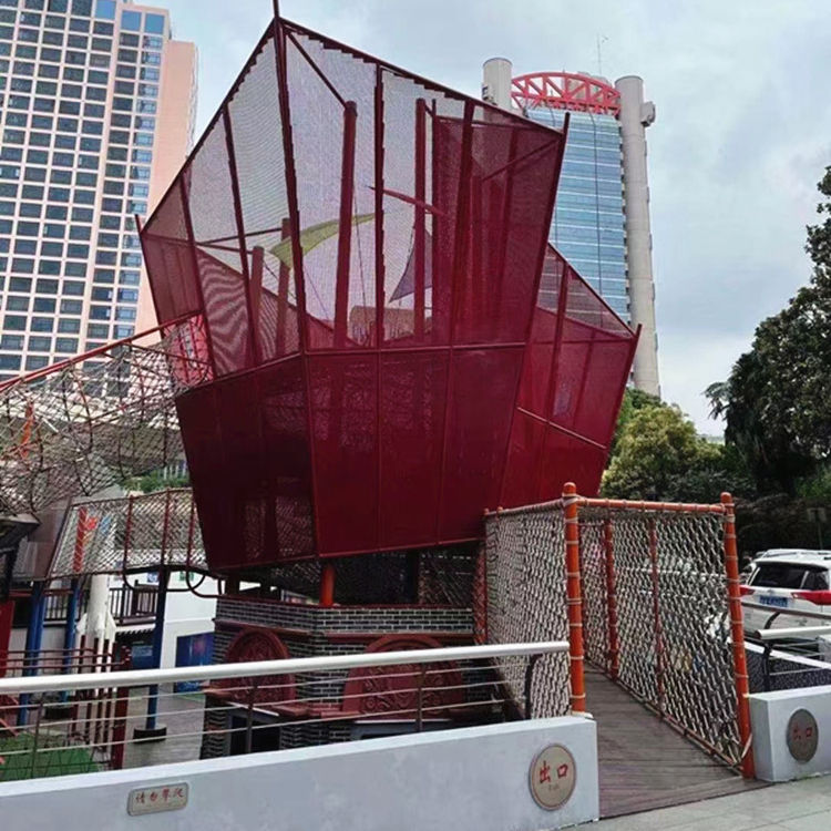 Red Rope Net Adventure Ship for Kids Custom Climbing and Balance Play Structure for Outdoor Playgrounds and Themed Parks Entertainment